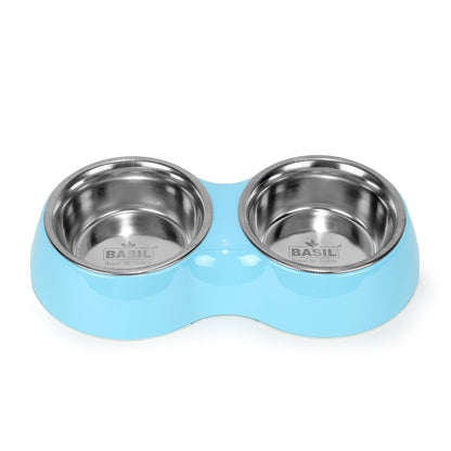 BASIL Melamine Double Dinner Set Pet Feeding Bowls for food and water (Blue)