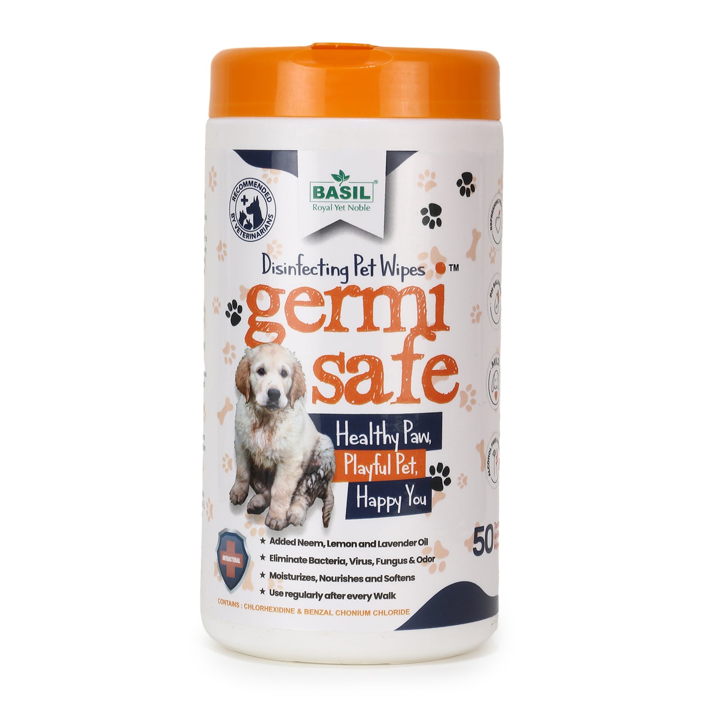 BASIL Germisafe Pet Wipes for Dogs, 50 Wipes with Added Neem, Lemon and Lavender Oil