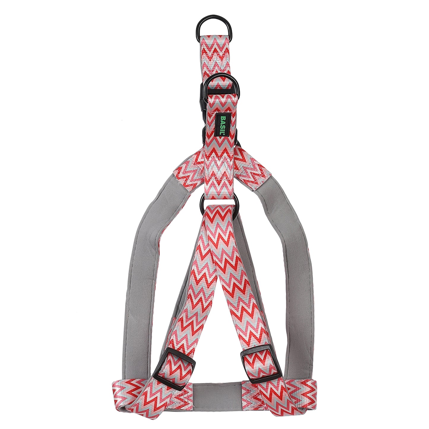 BASIL Padded Adjustable Pet Collar, 4 Ft Leash & Harness (Zig Zag, Red)