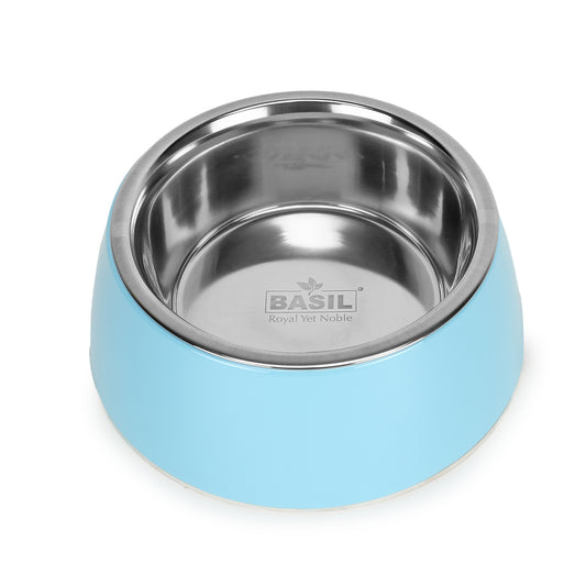 BASIL Solid Blue Pet Feeding Bowl Set, Melamine and Stainless Steel
