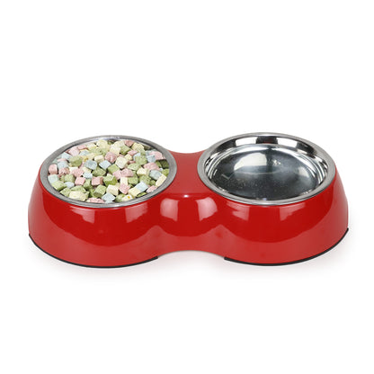 BASIL Melamine Double Dinner Set Pet Feeding Bowls for food and water (Red)