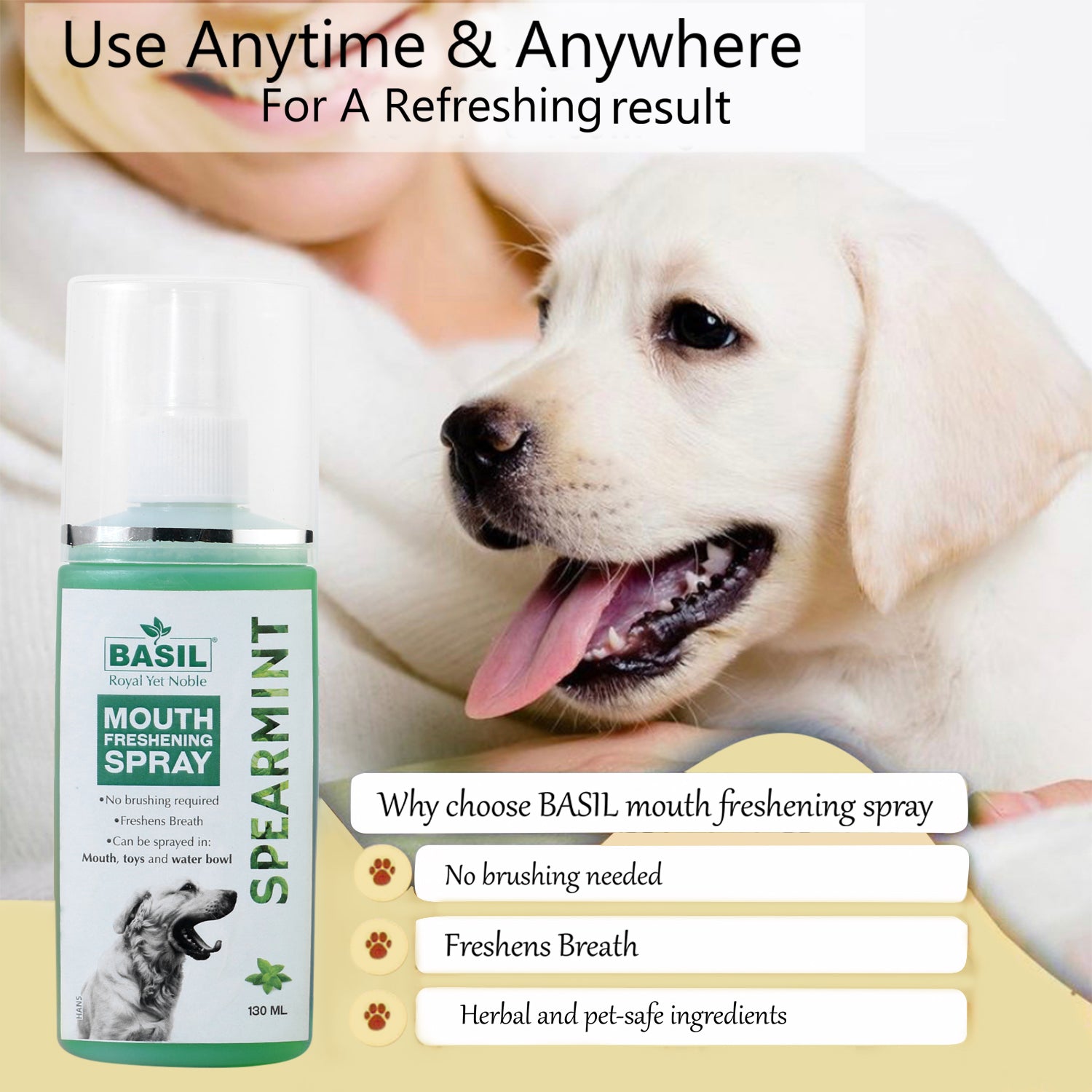 BASIL Spearmint Mouth Freshening Spray for Dogs 130ml The Basil